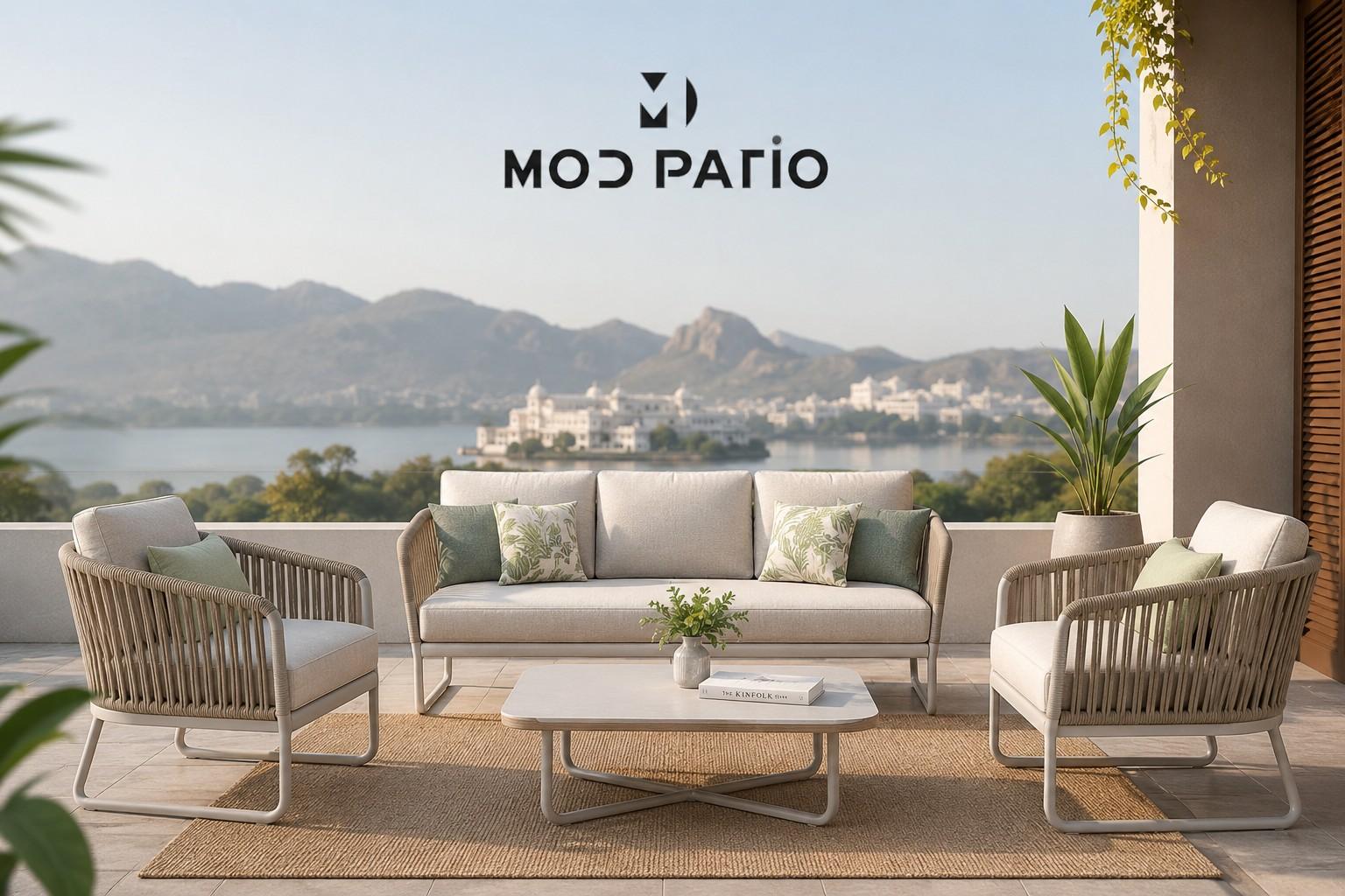 Luxury Mod Patio outdoor furniture set with a modern sofa, woven lounge chairs, coffee table, and plants overlooking a scenic lake and mountain landscape.