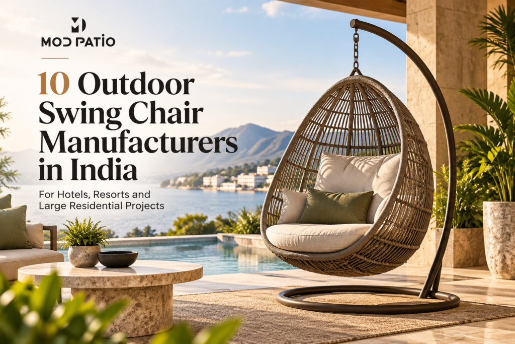 Luxury outdoor swing chair on a resort terrace overlooking a lake and mountains – Mod Patio India