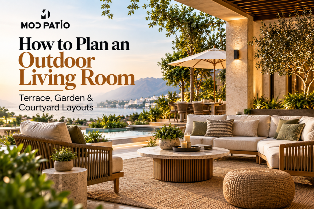 Luxury outdoor living room layout with seating, coffee table, pergola and pool for terrace, garden and courtyard ideas