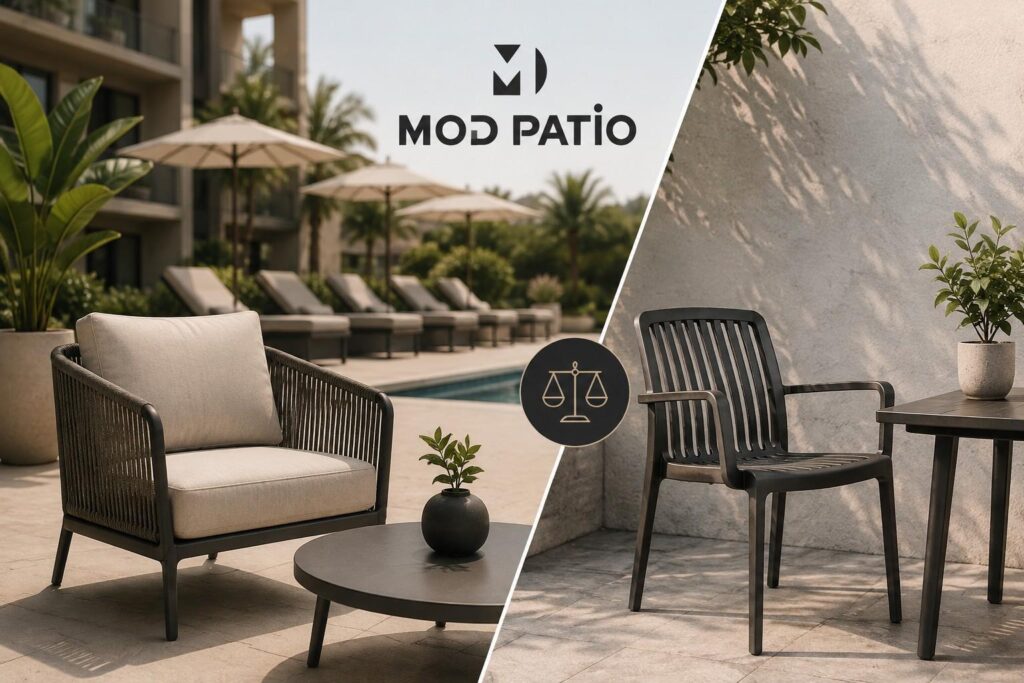 Comparison of commercial-grade hotel outdoor furniture and residential outdoor furniture, featuring a luxury poolside lounge chair and patio chair.