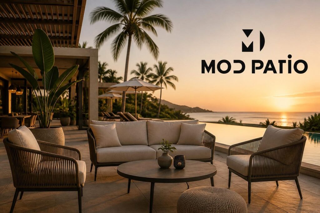 Luxury outdoor patio furniture by Mod Patio at a premium resort, featuring sofas and woven lounge chairs overlooking a pool and sunset.