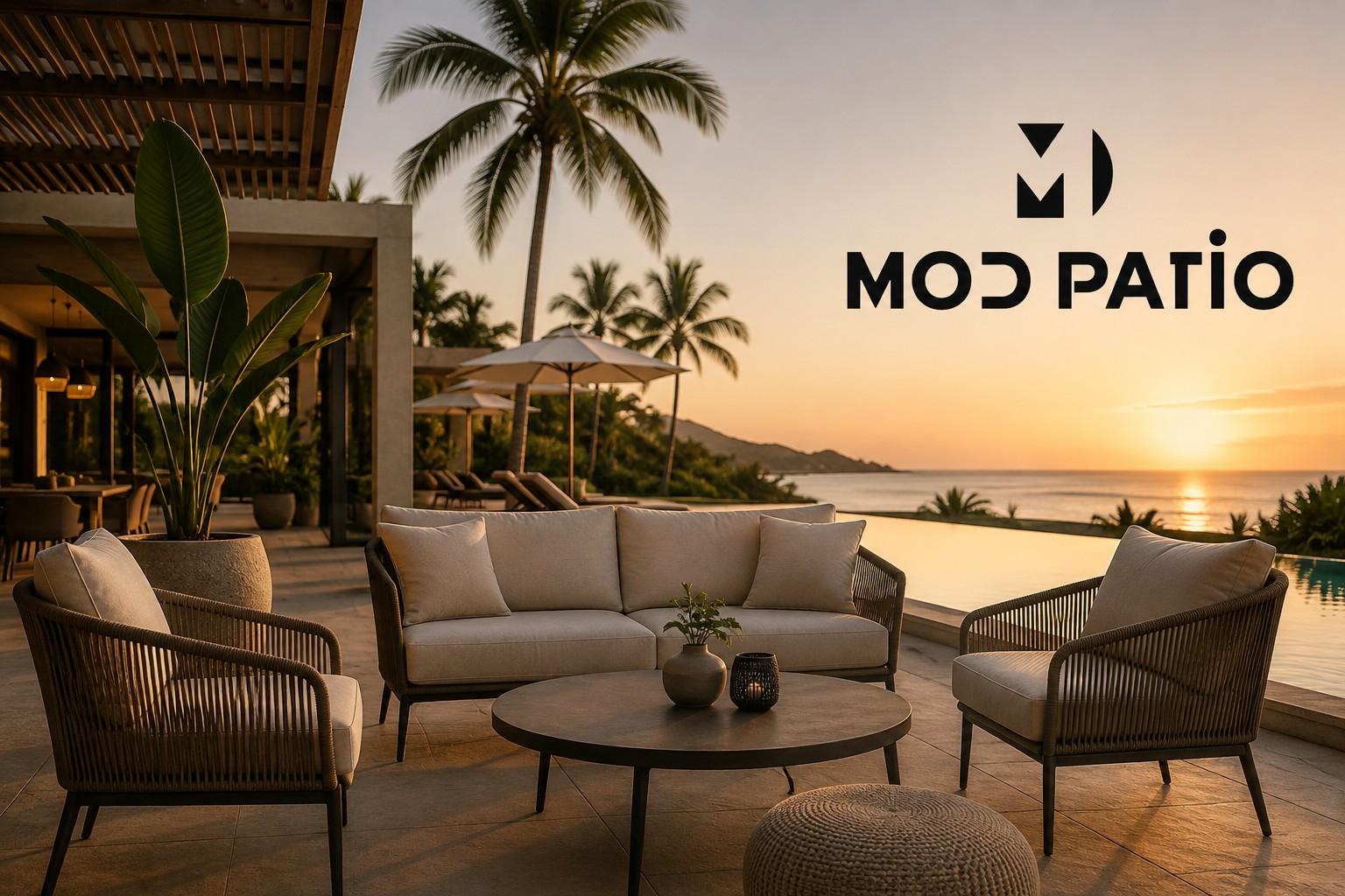 Luxury outdoor patio furniture by Mod Patio at a premium resort, featuring sofas and woven lounge chairs overlooking a pool and sunset.