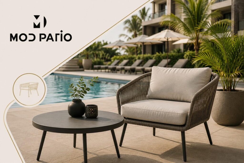 Luxury outdoor patio furniture at a hotel resort poolside, featuring a modern rope weave lounge chair by Mod Patio.
