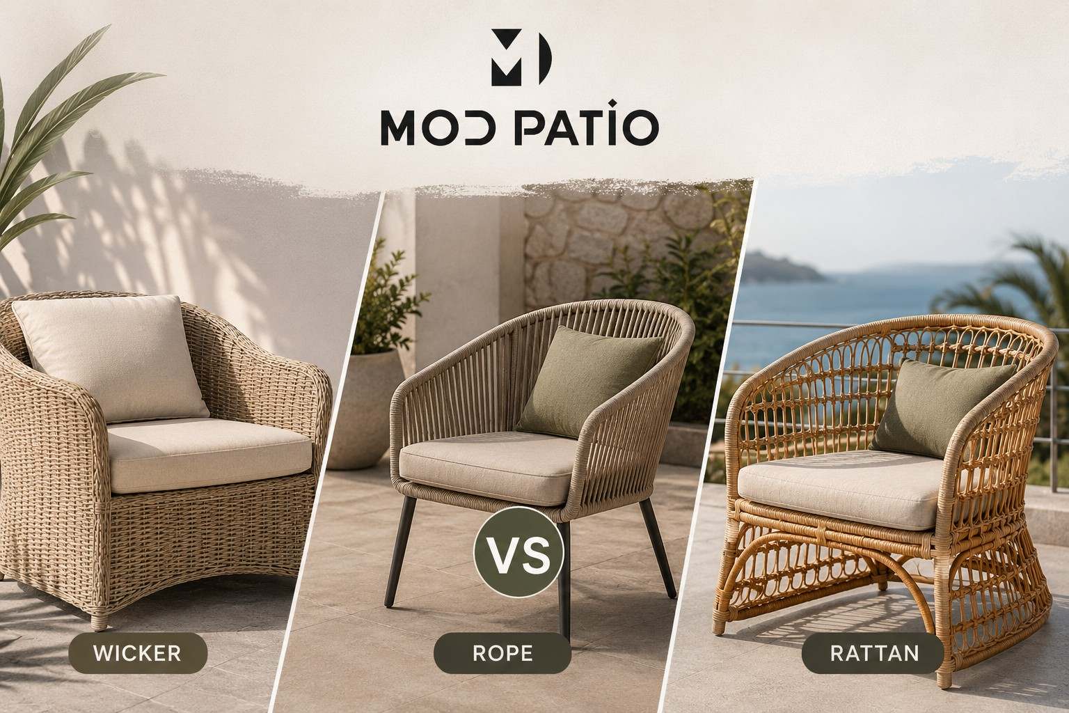 Comparison of wicker, rope and rattan outdoor chairs by Mod Patio, showcasing different outdoor furniture materials for hotels, resorts and hospitality spaces.